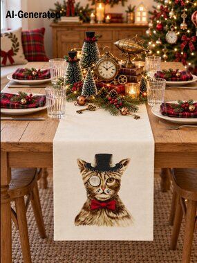 Domain Cat Table Runner 14"x72" Cream Beaded Top Hat Monocle Red Bow Tie NWT